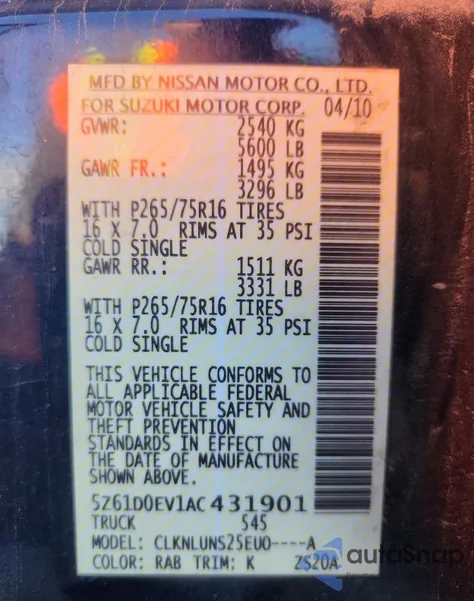 2010 Suzuki Equator Rmz-4 from USA, damaged, VIN 5Z61D0EV1AC431901